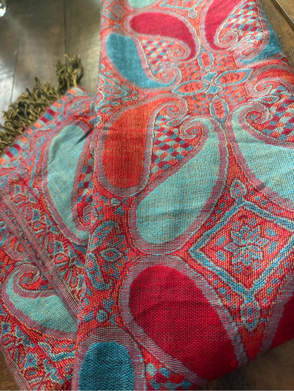 Pashmina Red & Turquoise Paisley Fringe Shawl - Picture 2 of 4